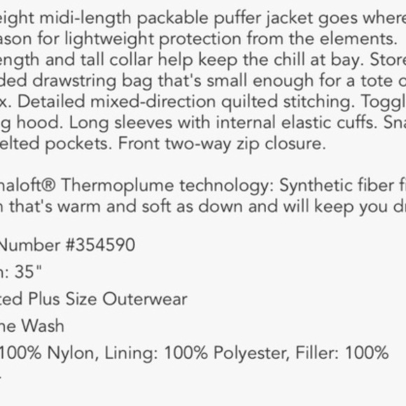 Midi packable puffer jacket with thermoplume tech bronze 18|20 NWOT - Picture 5 of 5